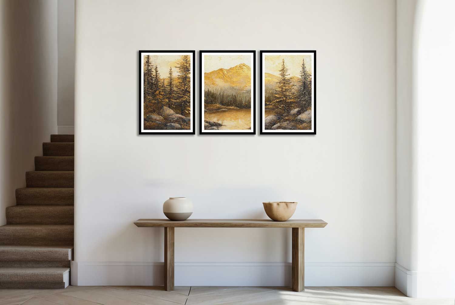 SET OF 3 GOLDEN FOREST PAINTINGS 48in X 24in WITH BLACK FRAME