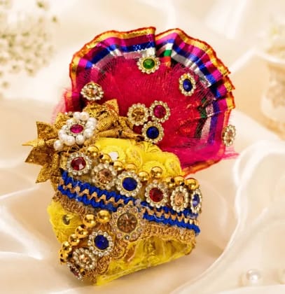 PATITAPABAN Yellow Red Blue Designer Pagdi | Crown for Laddu Gopal | Head Dress (Net, Silk)