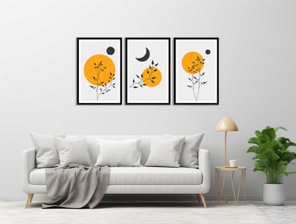 SET OF 3 ABSTRACT SUN AND MOON PRINTS 48in X 24in WITH BLACK FRAME SET OF 3 ABSTRACT SUN AND MOON PRINTS 48in X 24in WITH BLACK FRAME