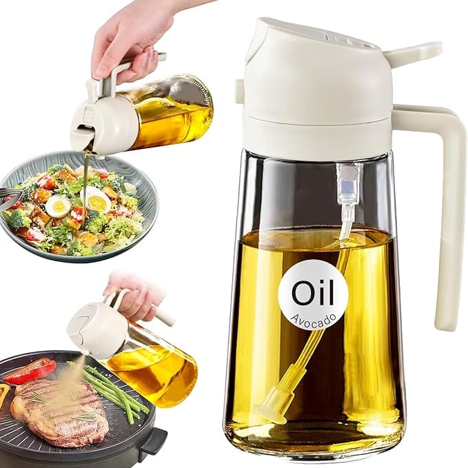 Oil Sprayer for Cooking, 2 in 1 Olive Oil Dispenser Bottle for Kitchen, 16oz/470ml Premium Glass Oil Bottle, Food-grade Oil Mister for Air Fryer, Salad, Frying, BBQ (Creamy White)