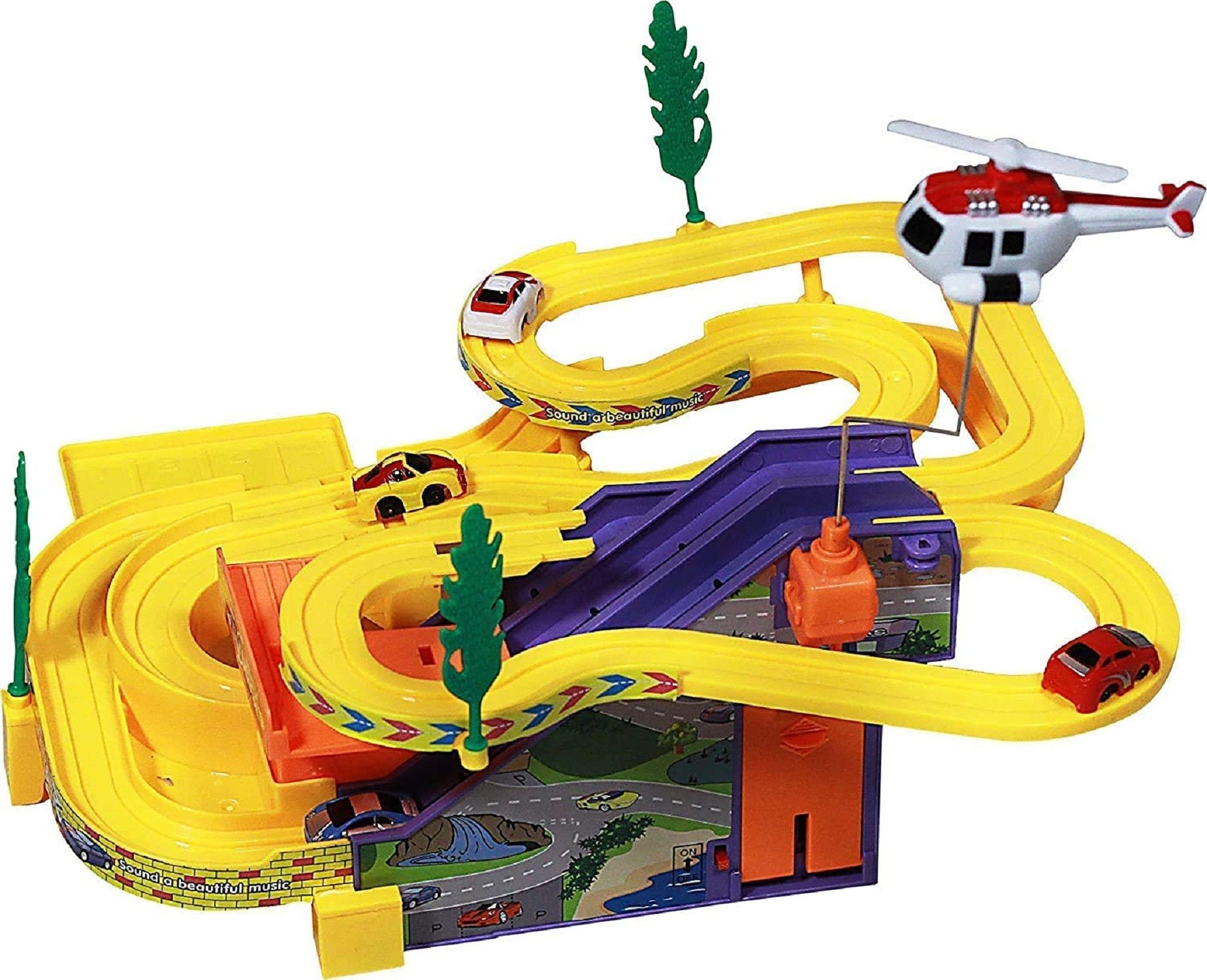 KTRS Enterprise Track Racer Racing Car Set with 4 Miniature Car and 1 Rotating Helicopter and Thrilling SoundMulti Rack Toy Game Ramp Battery Operated Hot Speed Super Score
