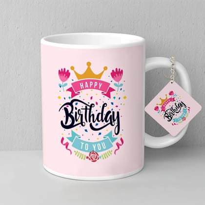 Personalized Pink Happy Birthday Mug with Matching Keyring – 11 oz Ceramic Coffee Cup, Microwave & Dishwasher Safe – Birthday Gift for Women, Girls, Parties & Celebrations