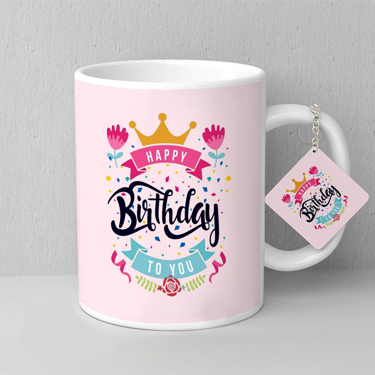 Personalized Pink Happy Birthday Mug with Matching Keyring – 11 oz Ceramic Coffee Cup, Microwave & Dishwasher Safe – Birthday Gift for Women, Girls, Parties & Celebrations