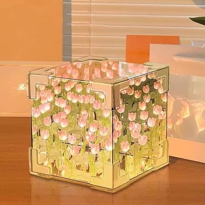 Tulip Cube Mirror Lamp, 30 Flowers Led Decorative Lamp, 2 In 1 Mirror & Table Ornaments For Bedroom Livingroom Desktop Decor Birthday Gift multicolor
