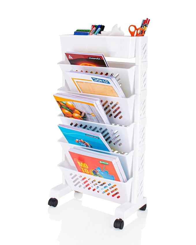 Movable Bookshelf,Large Capacity Rotatable Plastic Rolling Organization Shelf,Utility Movable Book Rack for Kids Children Students Study in Bedroom Home School (5XL) Floor Mount, White