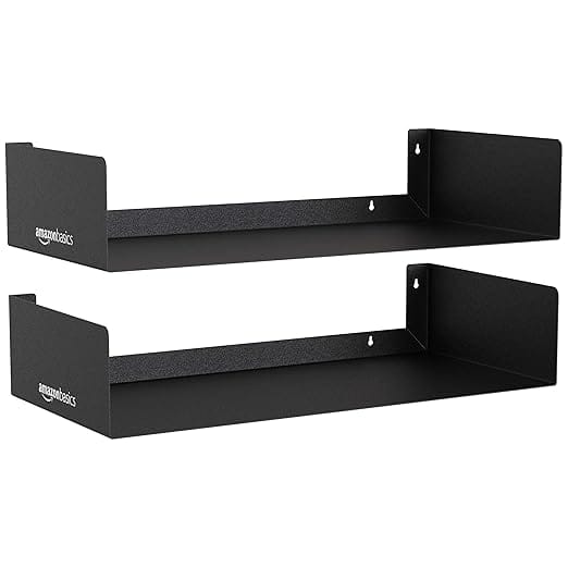 basics Heavy Duty Wall Mounted Metal Bookshelf | CD DVD Storage Display for Home | Set of 2 | Black