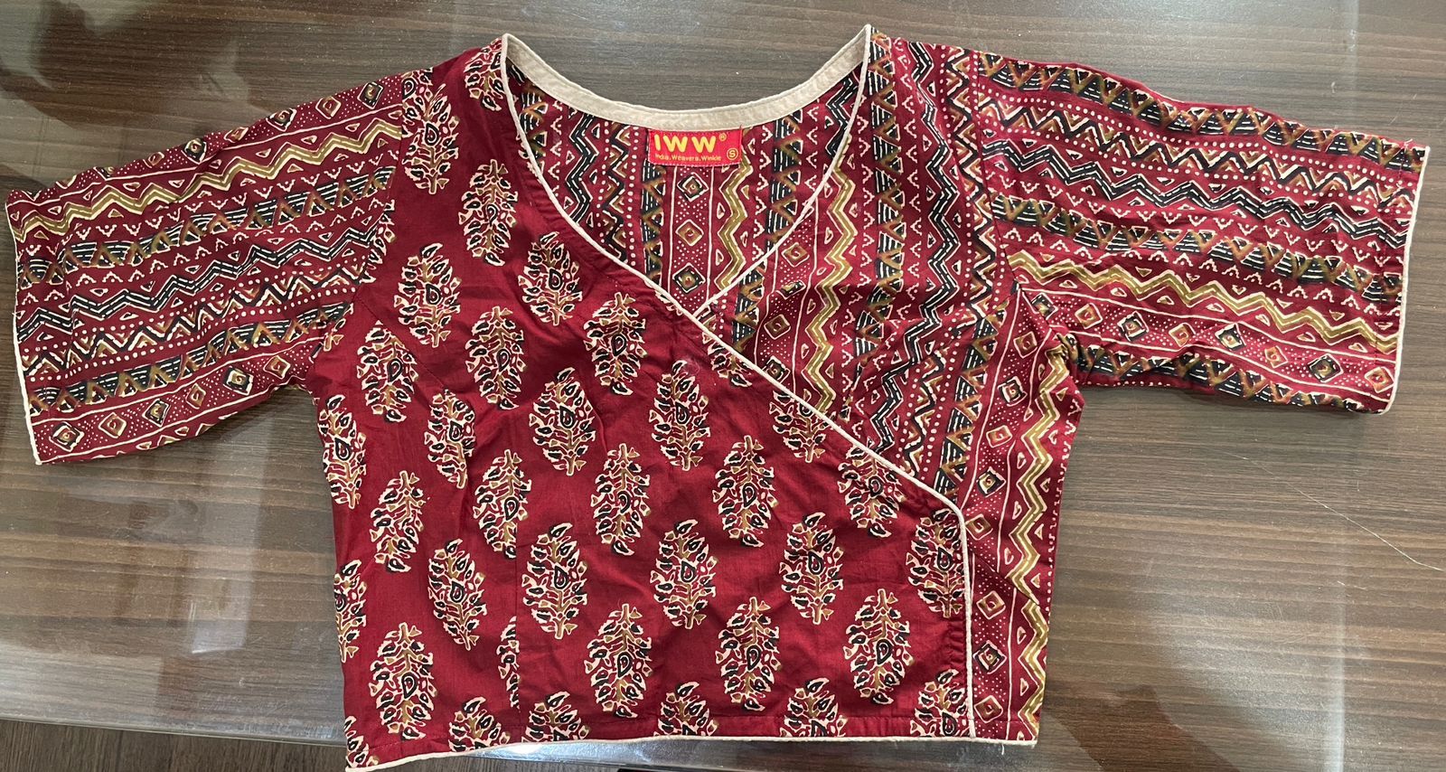 Women's Hand Block Printed Cotton Angrakha Kurta with 3/4th Sleeves
