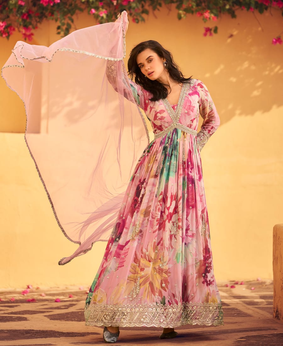 pink floral printed chinon anarkali for women