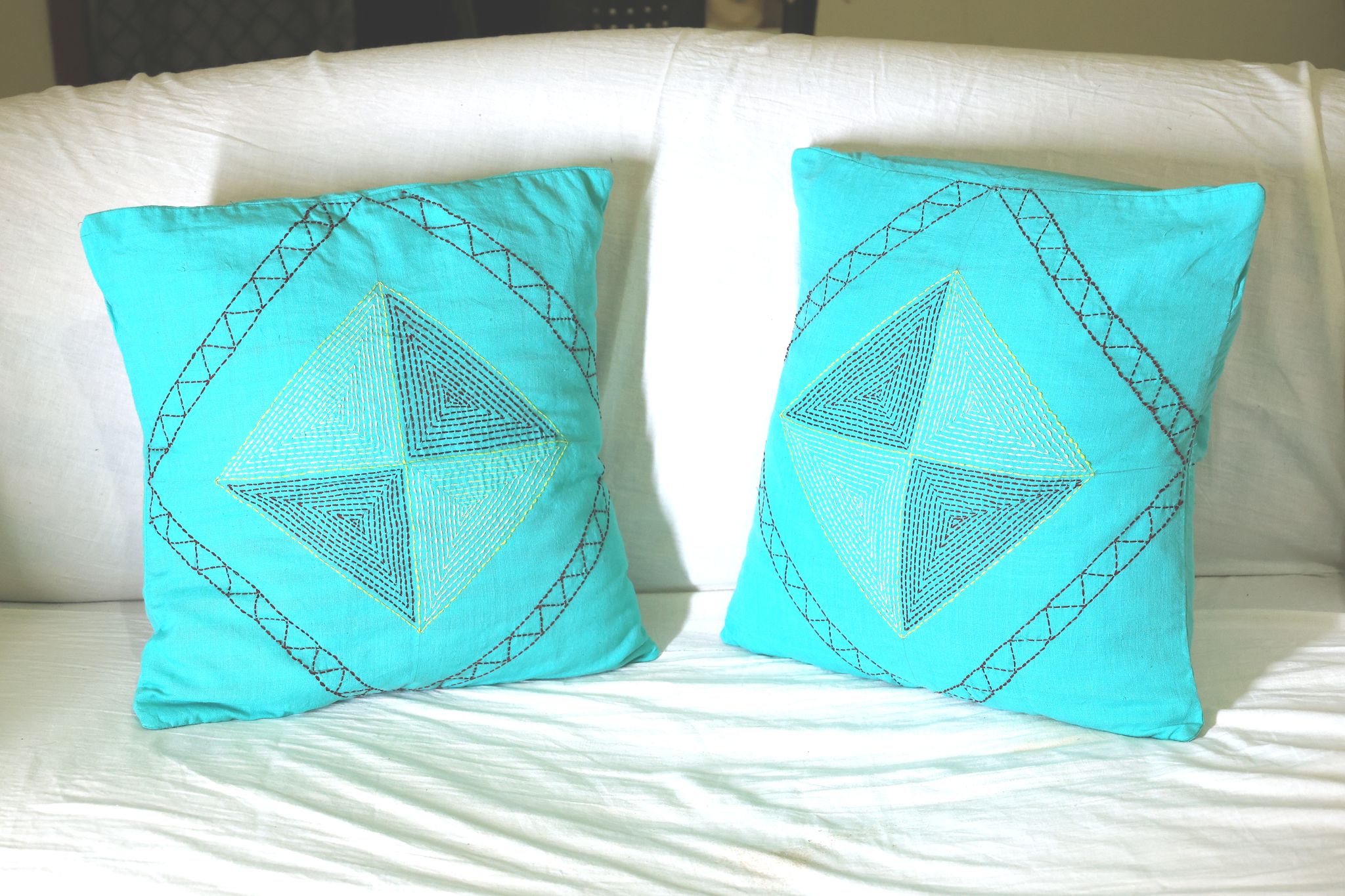 Hand Embroidered Cushion Cover with Geometric Design