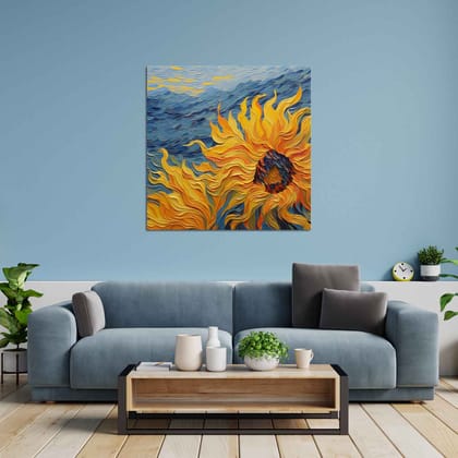 VIBRANT SUNFLOWER CANVAS PAINTING 24in X 24in WITH BLACK FRAME