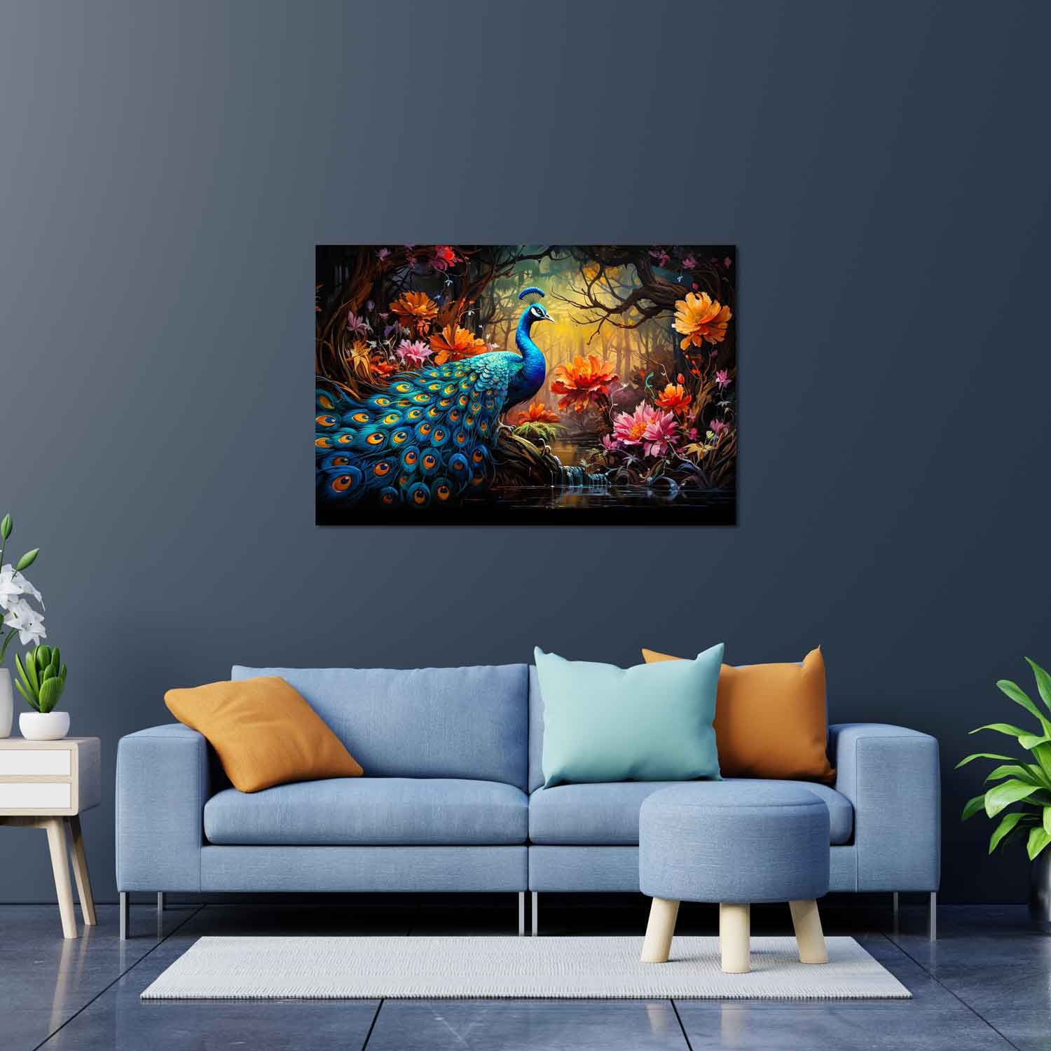MAJESTIC PEACOCK IN FOREST PAINTING 24in X 16in WITH BLACK FRAME