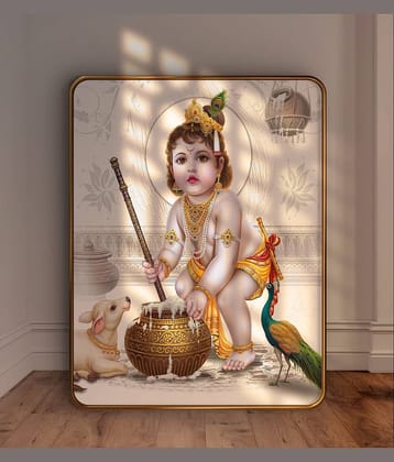 SAF Bal Krishna Wall Painting with Butter Pot | Golden Frame | Sparkle Lamination | MDF Decorative Art for Home Temple Pooja Room | Cute Kanha Ji Poster for Gifting