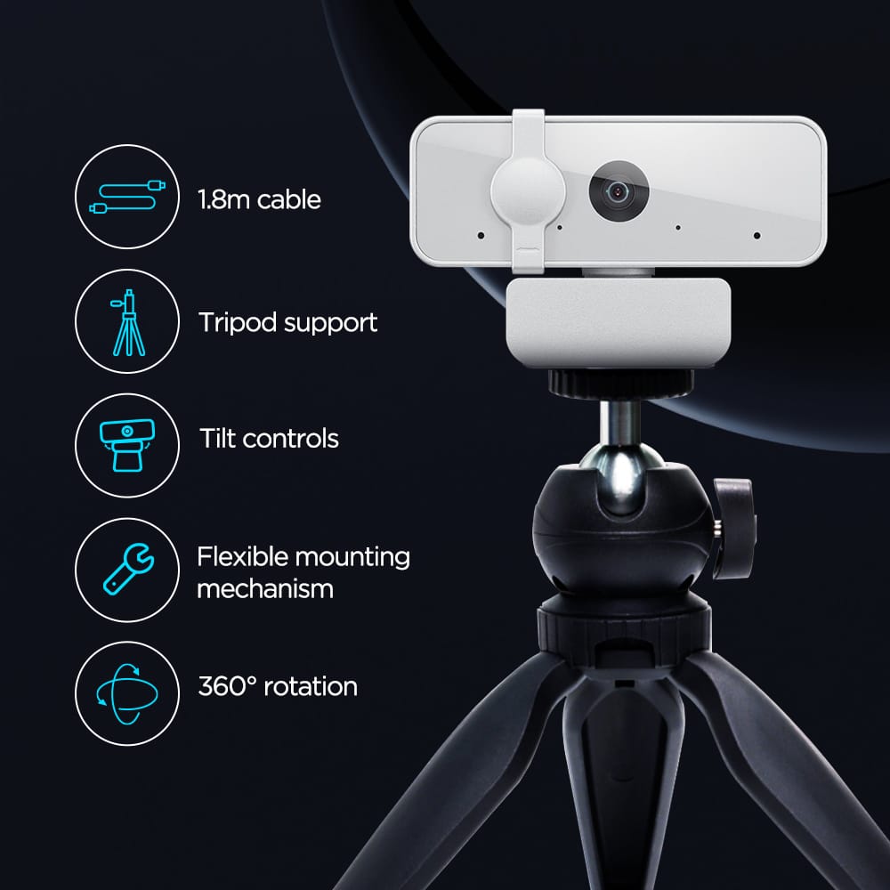 Lenovo 300 FHD Webcam with Full Stereo Dual Built-in mics | FHD 1080P 2.1 Megapixel CMOS Camera |Ultra-Wide 95° Lens, 4X Digital Zoom | 360 Rotation | Flexible Mount | Cloud Grey