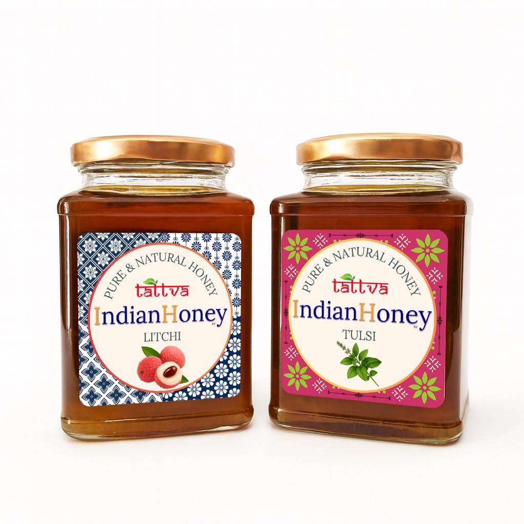 IndianHoney Litchi & Tulsi Honey Combo (Pack of 2) | Pure & Natural | 1kg (500g Each) | Unprocessed & Unfiltered Natural Sweetener