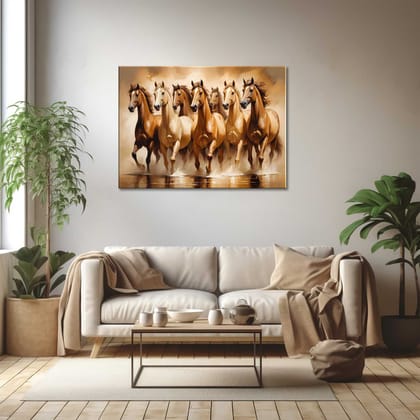 PAINTING OF SEVEN STALLIONS OF STRENGTH 24in X 16in WITH BLACK FRAME