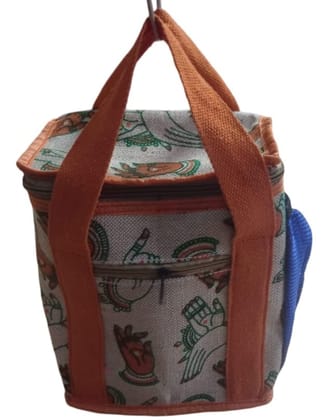 Printed Hand Motif Lunch Bag with Orange Handles