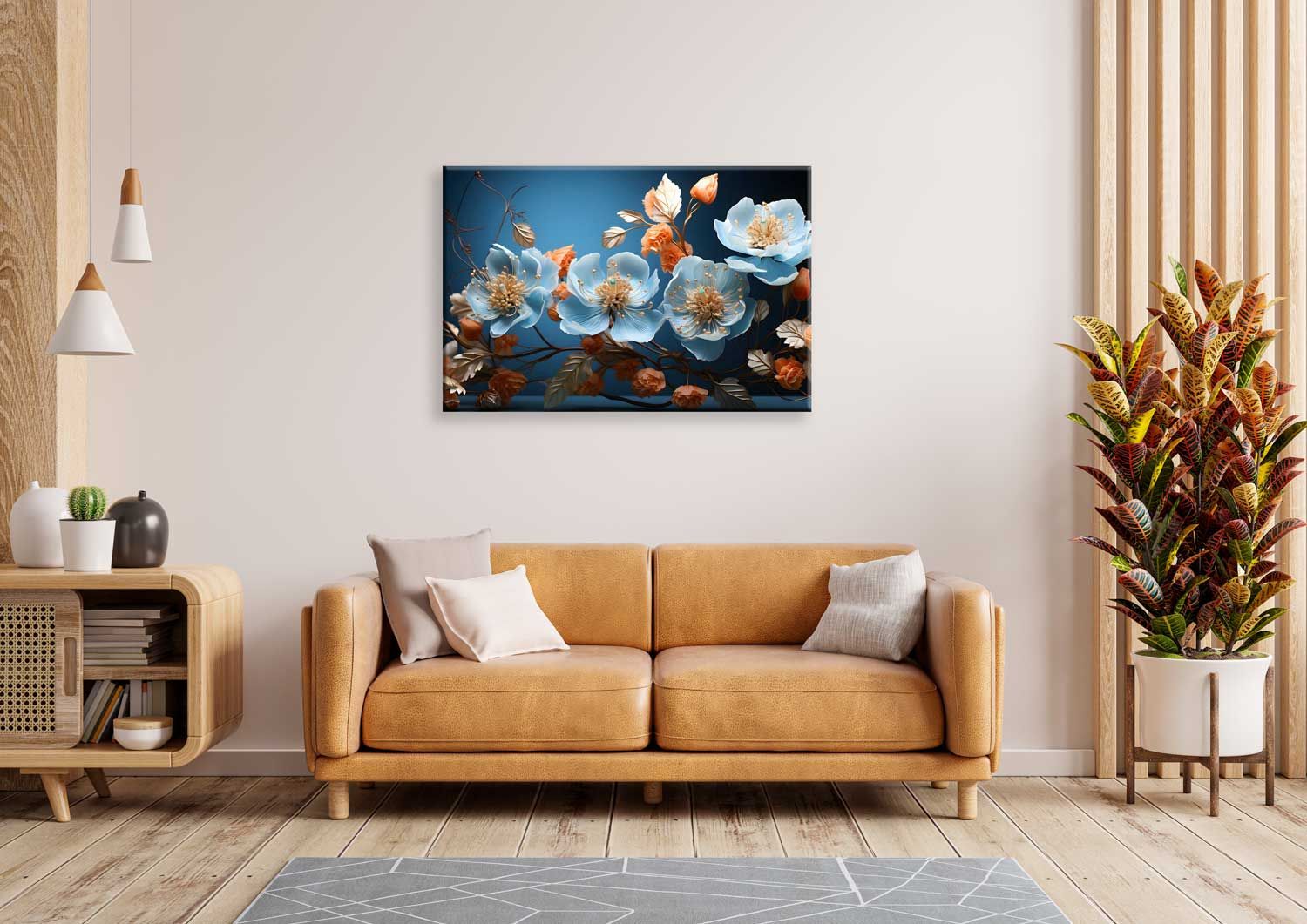 BLUE FLORAL WALL ART 24in X 16in WITH BLACK FRAME