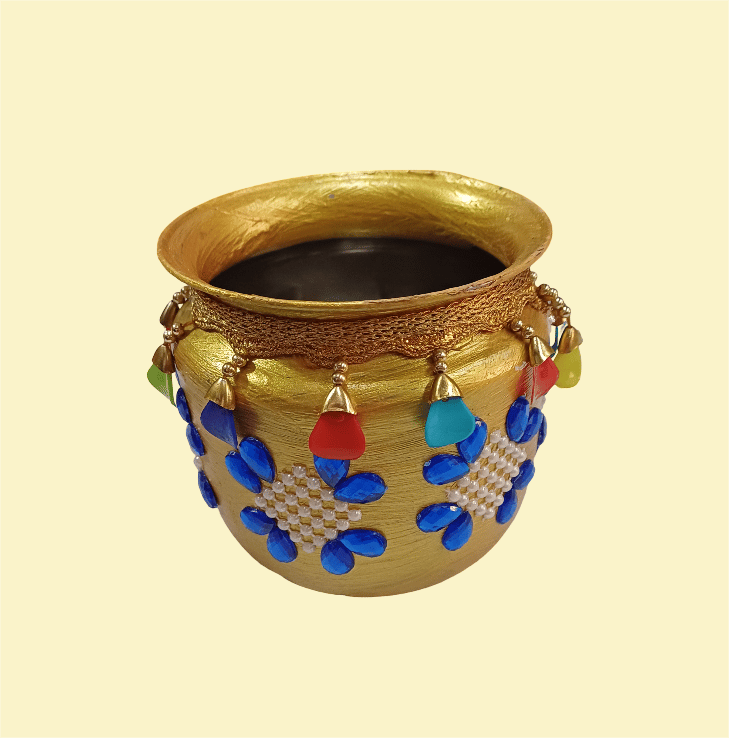 Golden Decorative Pot with Blue Gemstones and Tassels