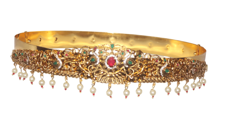 Gold-Plated Waist Belt with Ruby & Pearl Detailing
