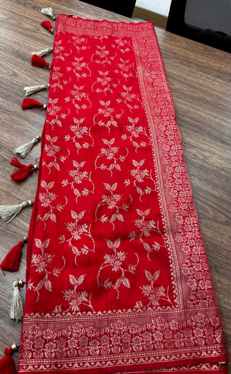 Banarasi Silk Saree – Crimson Red with Zari Weave & Tassel Border
