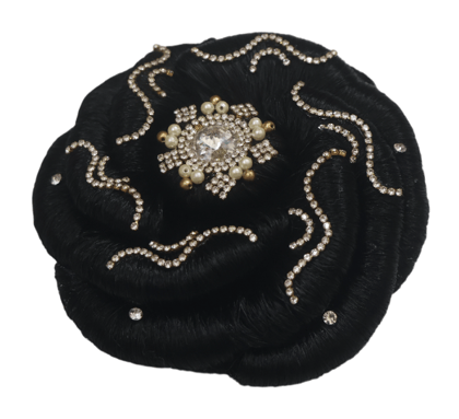 Elegant Black Hair Bun with Rhinestones & Pearls