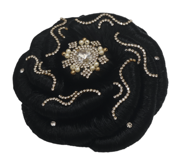 Elegant Black Hair Bun with Rhinestones & Pearls
