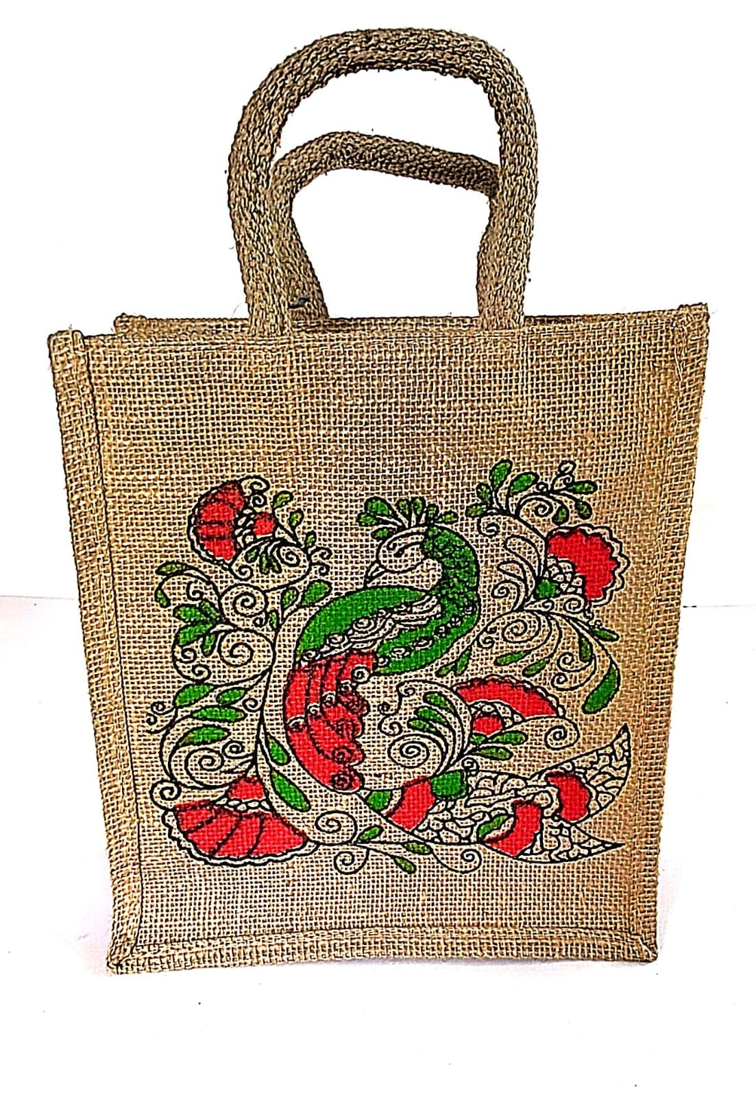 Eco-Friendly Jute Tote Bag with Peacock Design