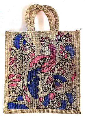 Hand-Painted Jute Peacock Tote Bag - Eco-Friendly & Stylish