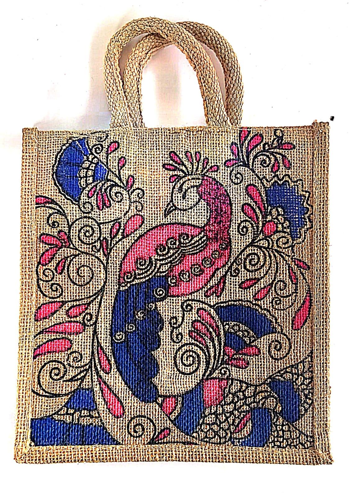 Hand-Painted Jute Peacock Tote Bag - Eco-Friendly & Stylish