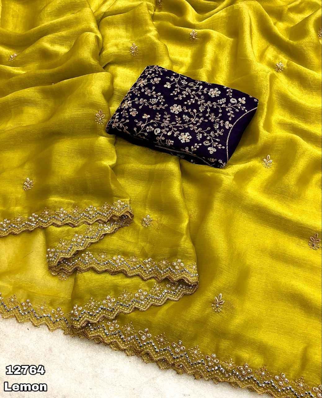 Lemon Yellow Saree with Embroidered Blouse