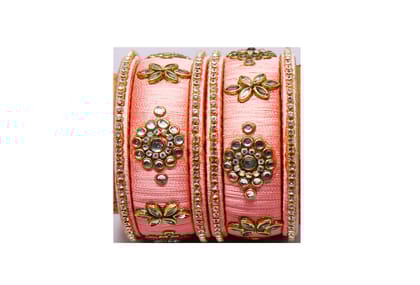 Peach Silk Thread Bangles with Rhinestones and Floral Embellishments