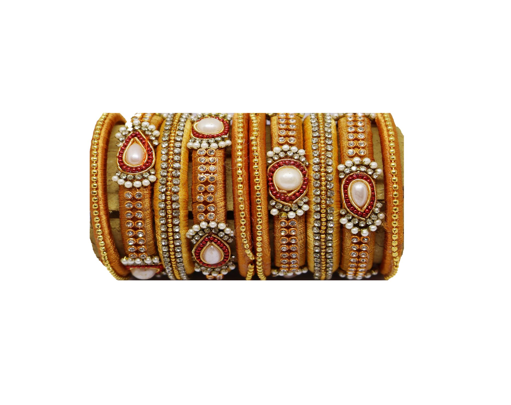 Golden Embellished Thread Bangles with Crystals and Pearls