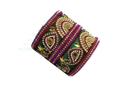 Green Fabric Embellished Thread Bangles with Rhinestones & Pearls
