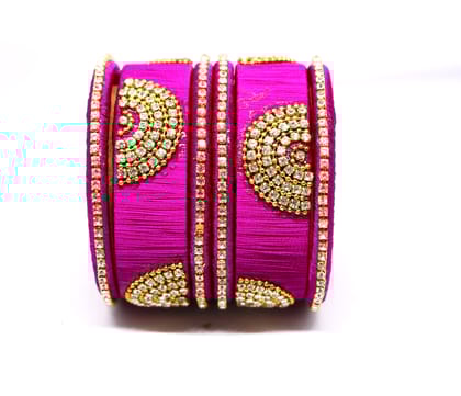 Magenta Silk Thread Bangles with Rhinestone Embellishments