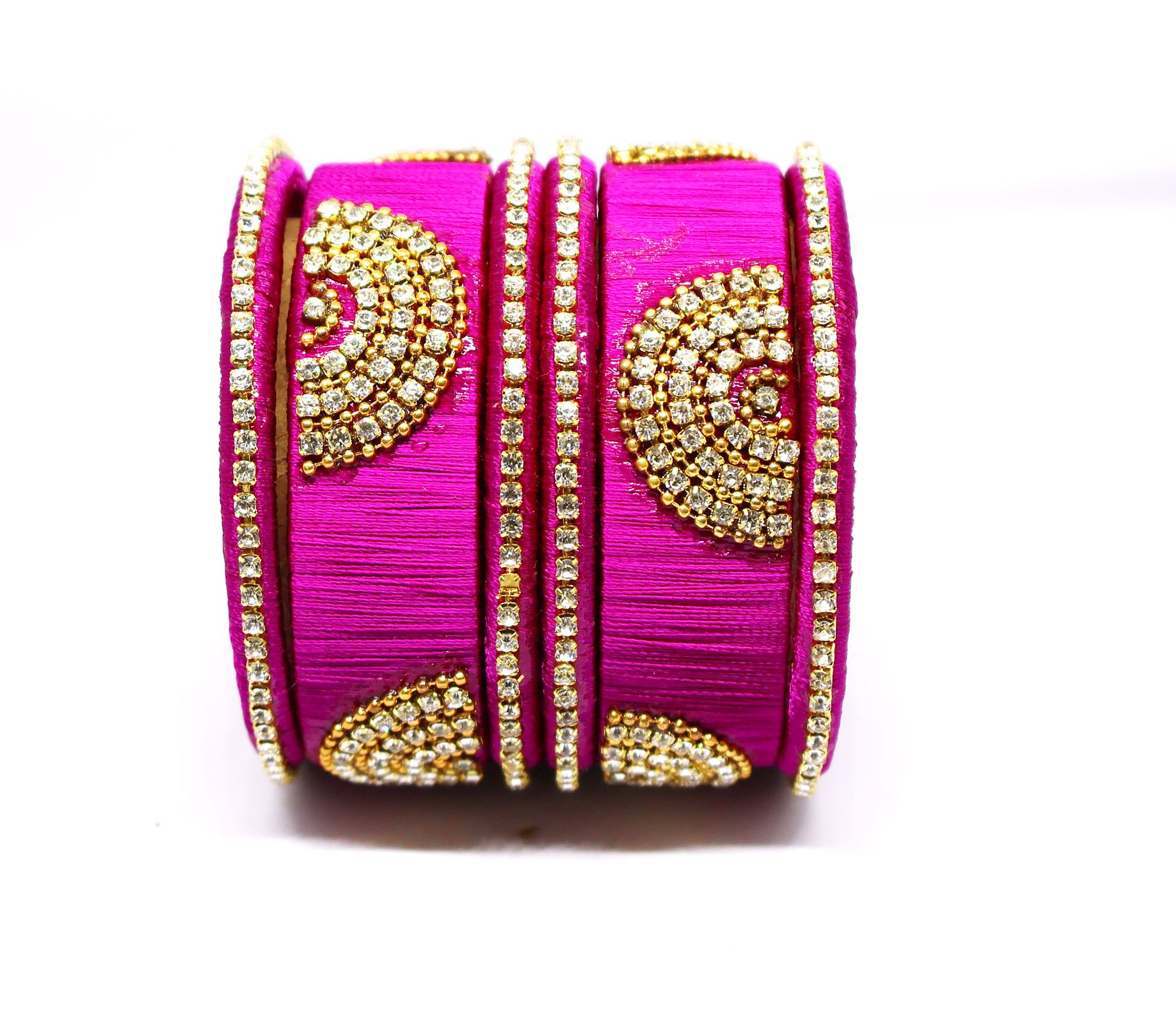Magenta Silk Thread Bangles with Rhinestone Embellishments