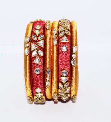 Red & Gold Thread Bangles Set with Rhinestone Embellishments
