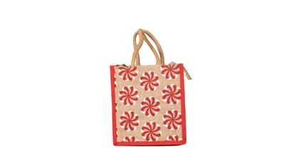 Jute Gift Bag with Red Floral Pattern Jute Gift Bag with Red Floral Pattern