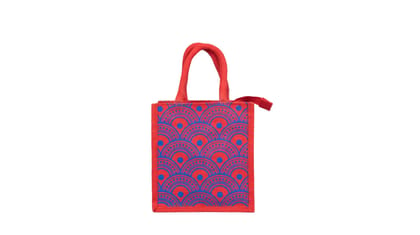 Red Jute Shopping Bag with Blue Pattern - Eco-Friendly Tote