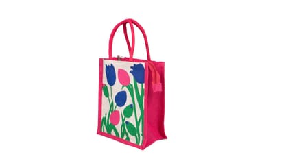 Pink Jute Tote Bag with Floral Print - Eco-Friendly Shopping Bag