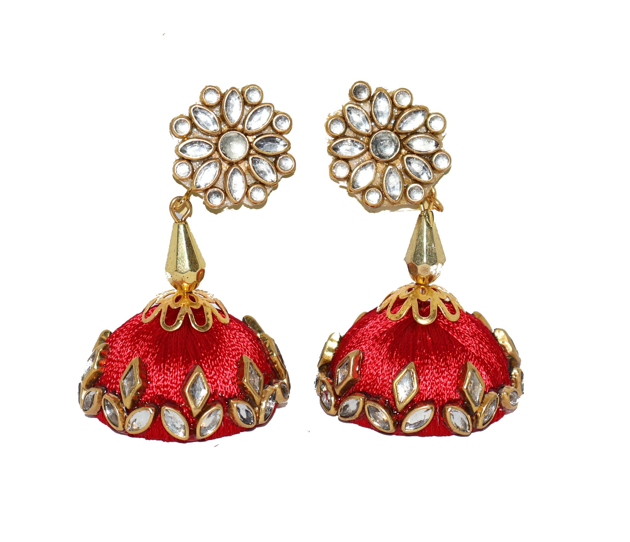 Red Silk Thread Jhumka Earrings with White Gemstones