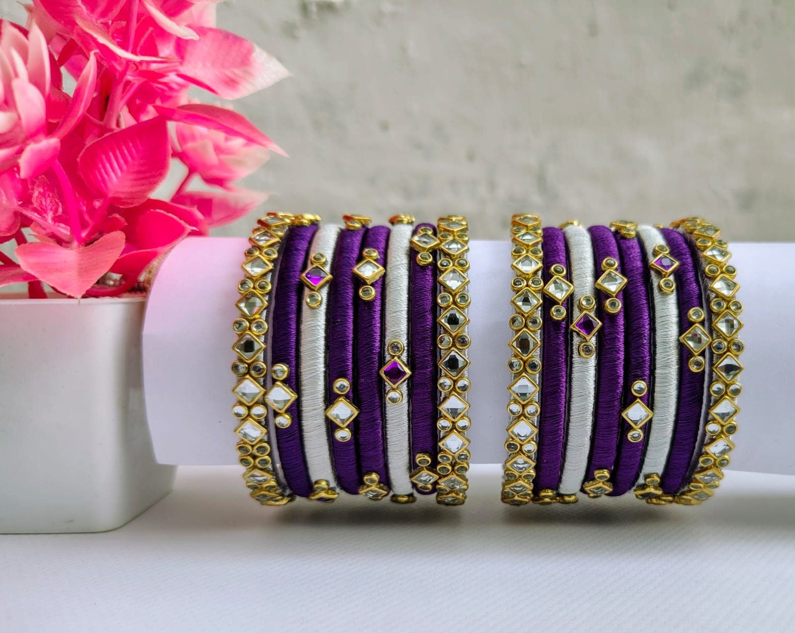 Purple & White Silk Thread Bangles with Stone Embellishments