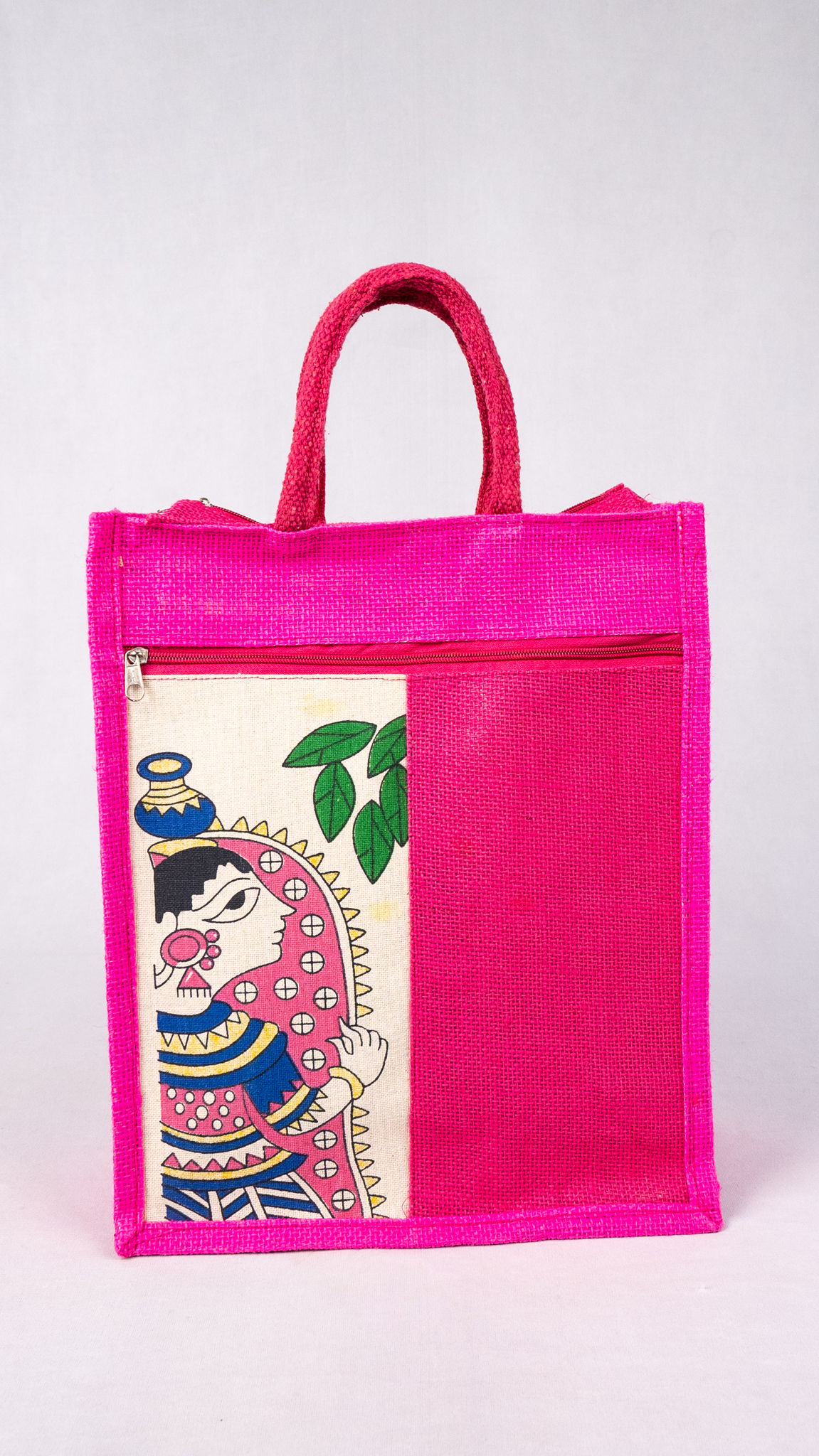 Pink Jute Tote Bag with Hand-Painted Indian Design