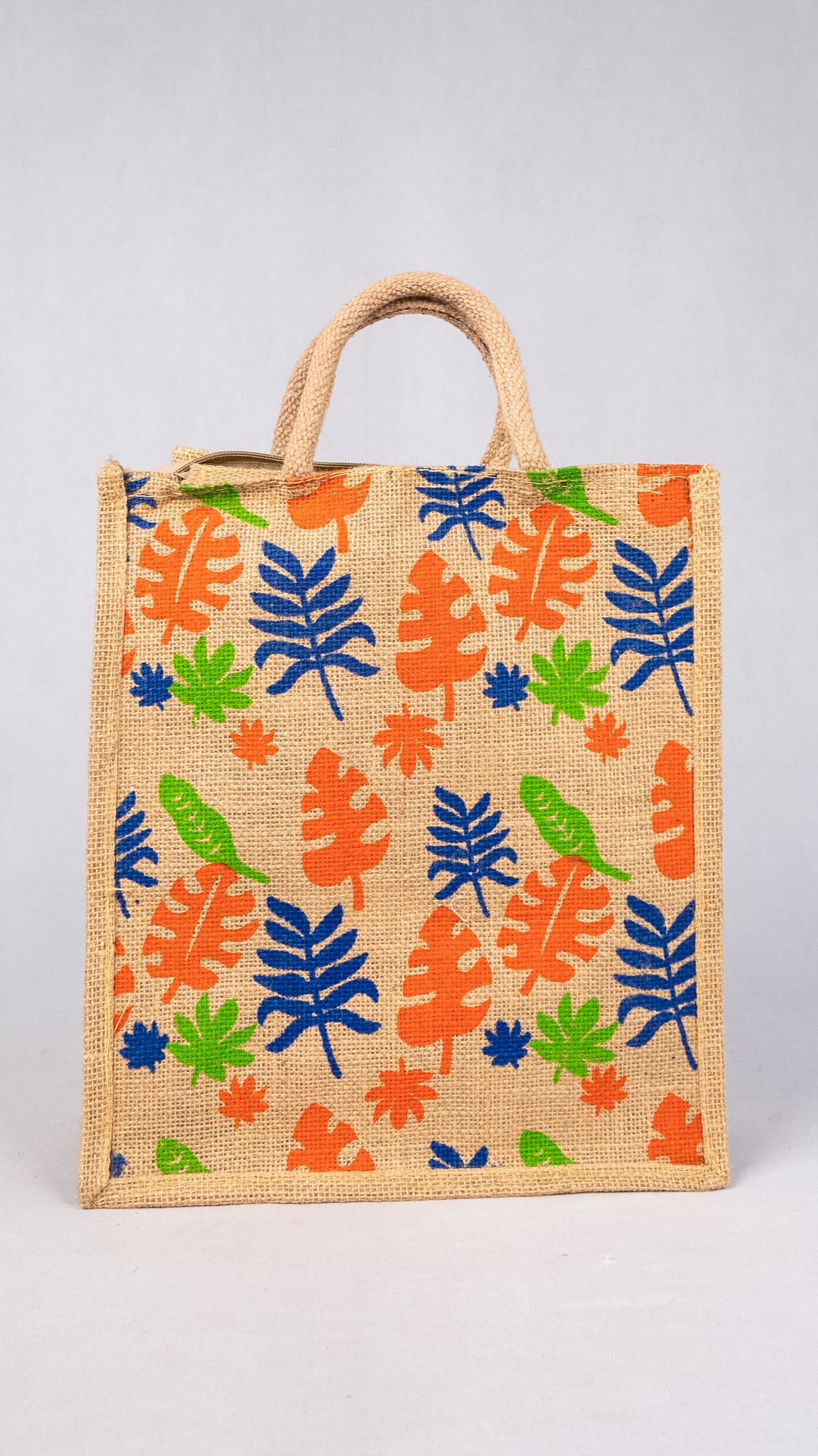 Eco-Friendly Jute Tote Bag with Colorful Leaf Print
