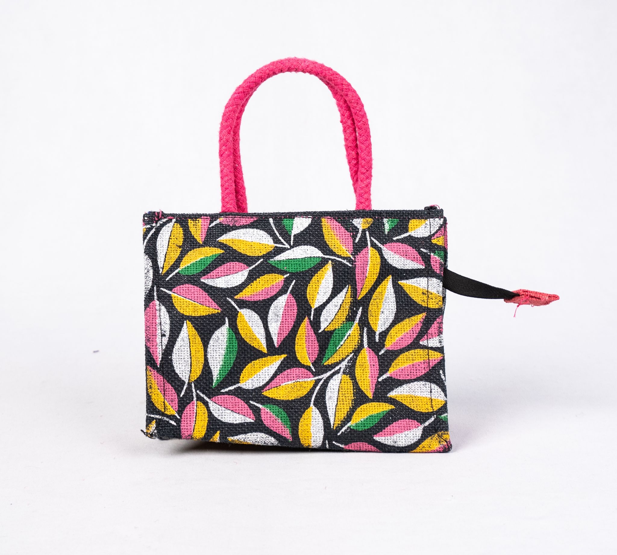 Colorful Leaf Pattern Jute Tote Bag with Pink Handles