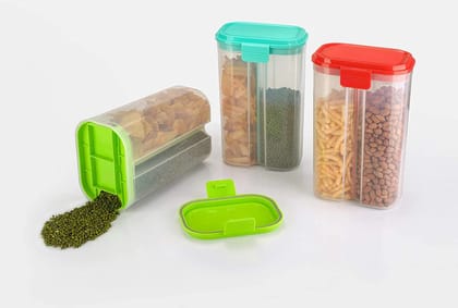 Plastic 2 Sections Air Tight Transparent Food Grain Cereal Storage Container (2 Ltr) (With Box)