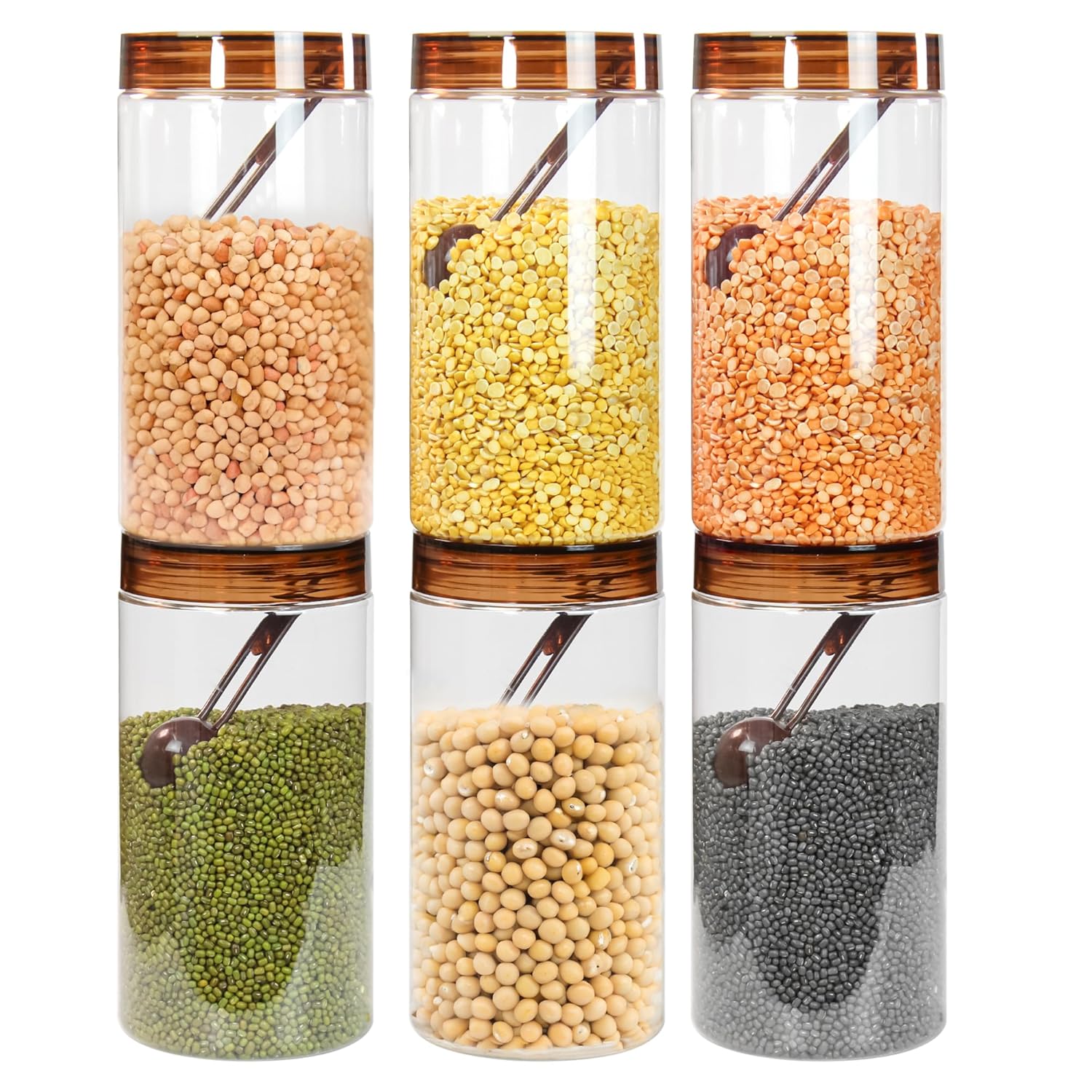 Plastic Containers for Kitchen Storage | Plastic Container Set with Spoon | BPA Free, Stackable Jars | Brown, 1700 ML (Set of 6)