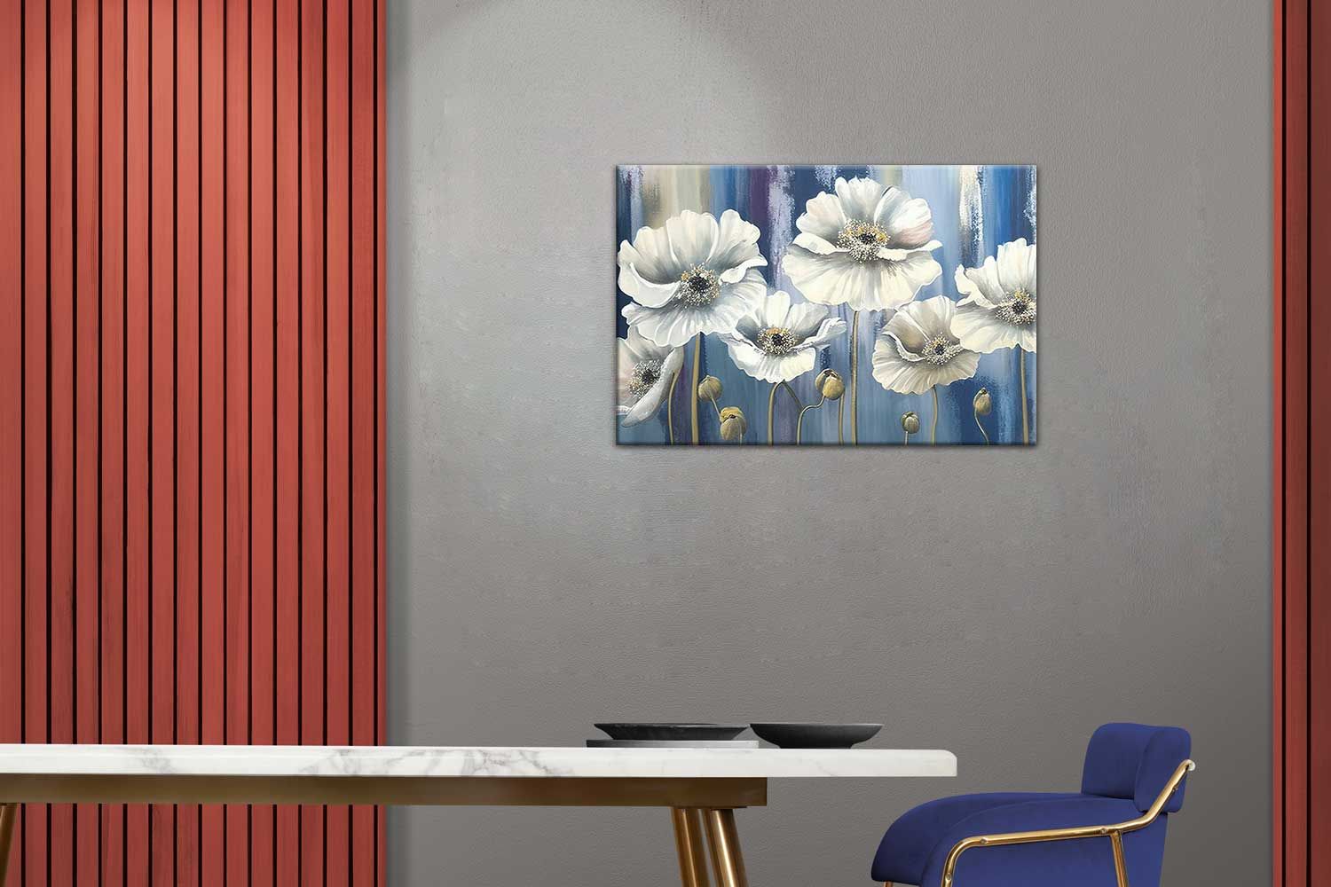 WHITE POPPY FLORAL WALLART 24in X 16in WITH BLACK FRAME