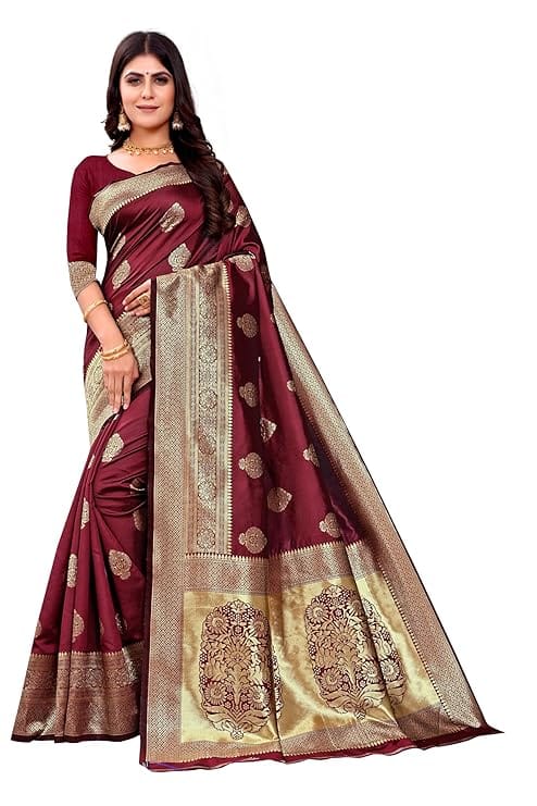 Maroon Banarasi Silk Saree with Gold Zari Work