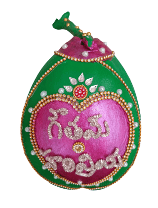 Handcrafted Green & Pink Coconut Decoration with Embellishments