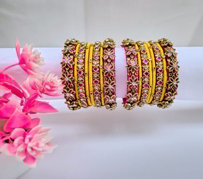Yellow Silk Thread Bangles with Floral Rhinestone Embellishments Yellow Silk Thread Bangles with Floral Rhinestone Embellishments
